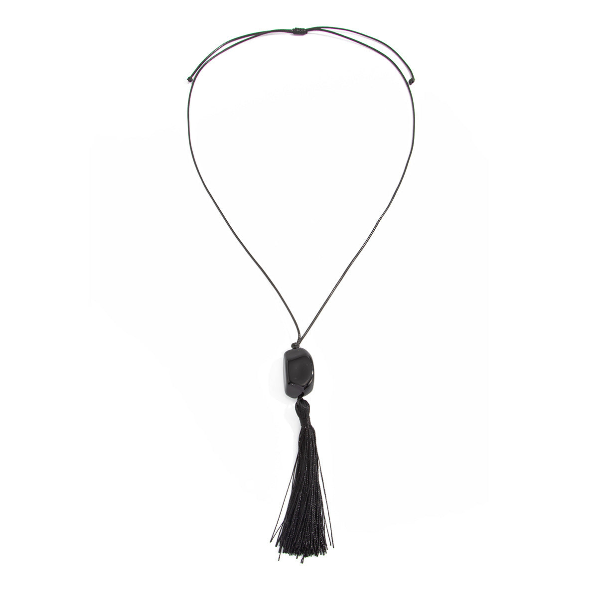 Black Acrylic Bead Tassel Long Necklace