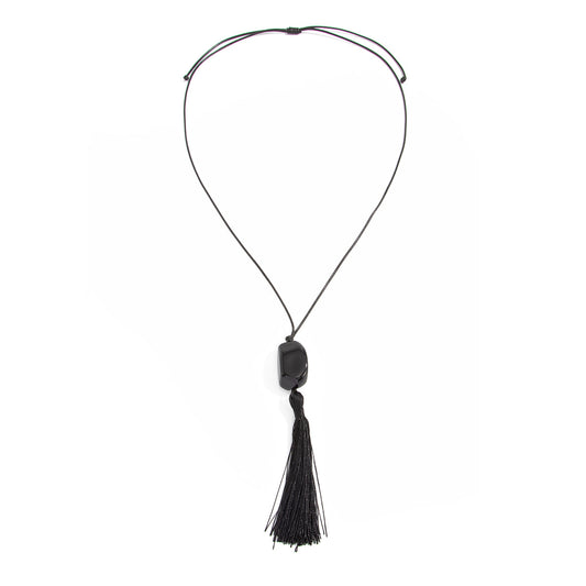 Black Acrylic Bead Tassel Long Necklace