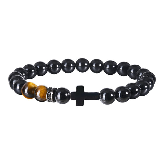 Men's Black Stainless Steel Cross Natural Glossy Agate Tiger's Eye Beaded Bracelet