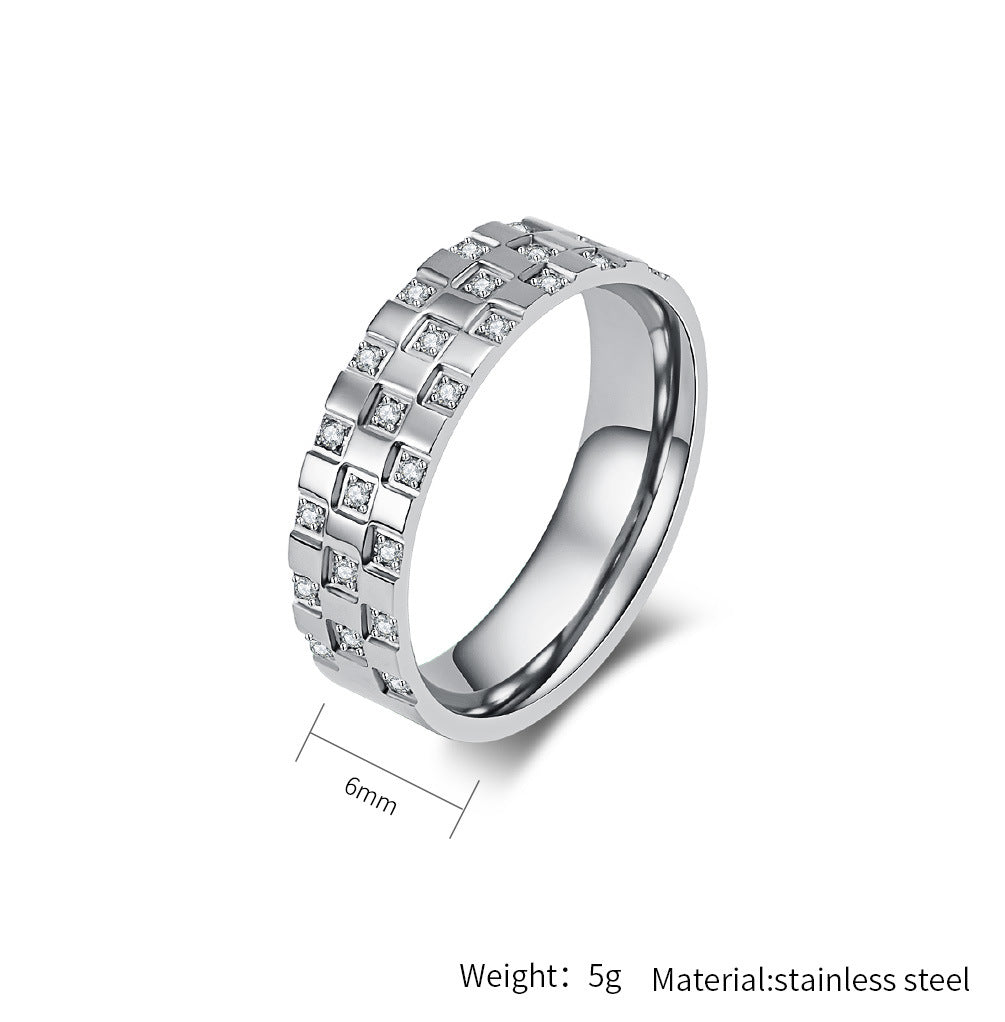 Planderful Zircon Ring Unisex Titanium Steel Inlaid Checkered Zircon For Couples Everyday Genie