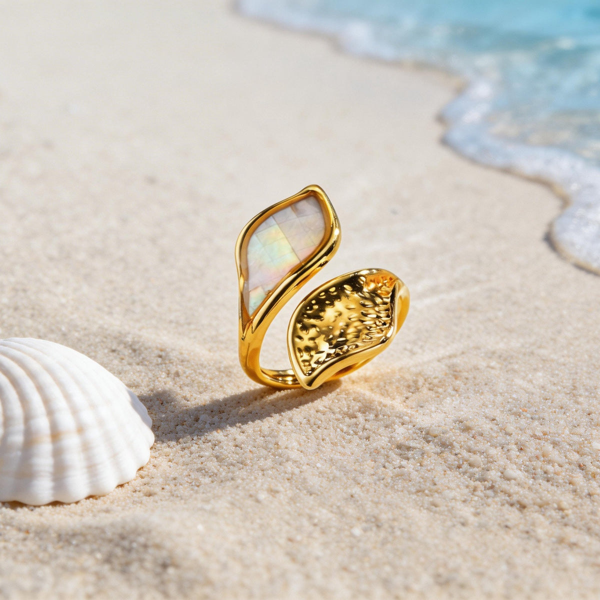 Hot-Selling Special-Shaped White Shell Stainless Steel Ring Design Leaf Opening