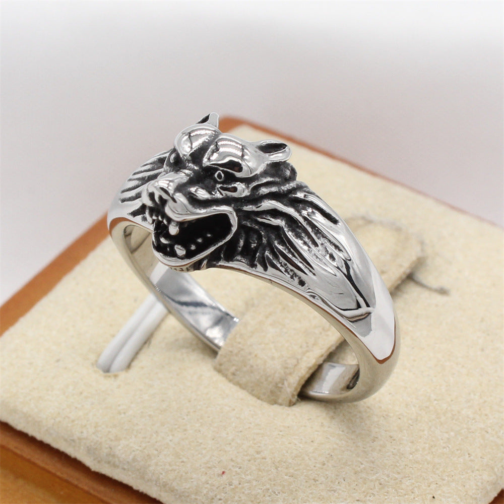 Planderful Everyday Genie – European and American Retro Wolf Head Men's Titanium Steel Ring