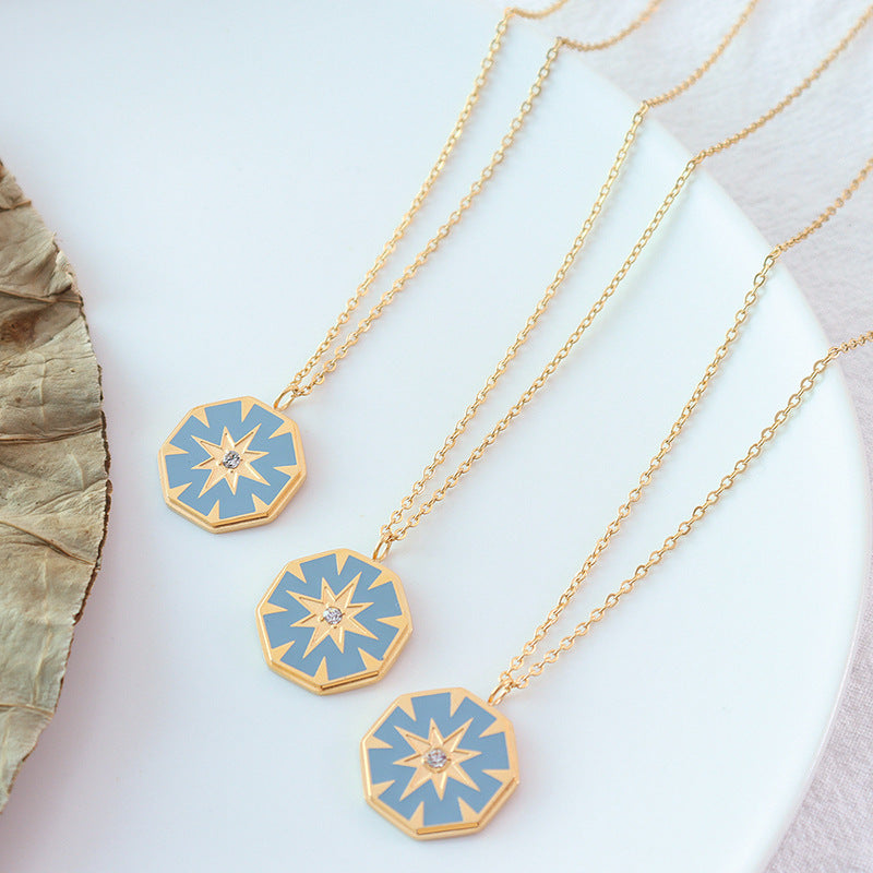 Golden French Compass Star Pendant Necklace - Retro Titanium Steel Chain