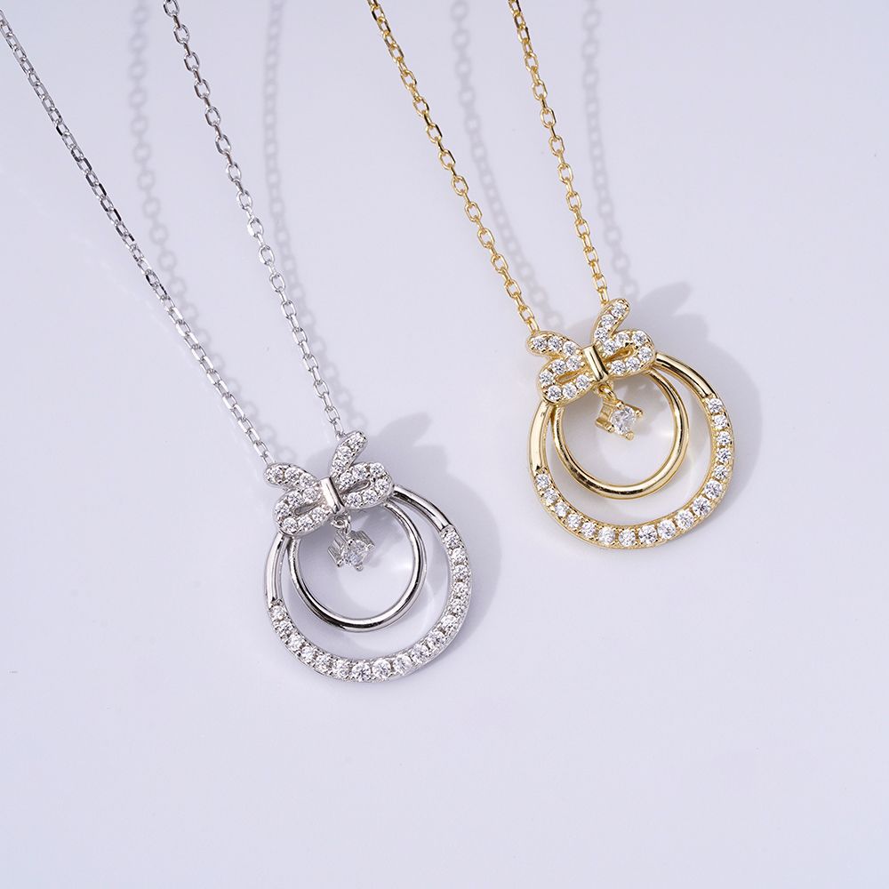 Korean Girly S925 Sterling Silver Geometric Bow Pendant Necklace