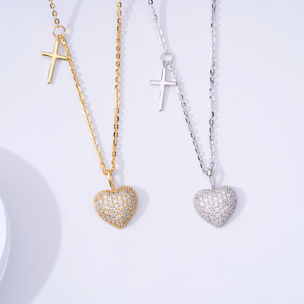 Korean S925 Silver Necklace Female Full Zircon Love Cross Pendant