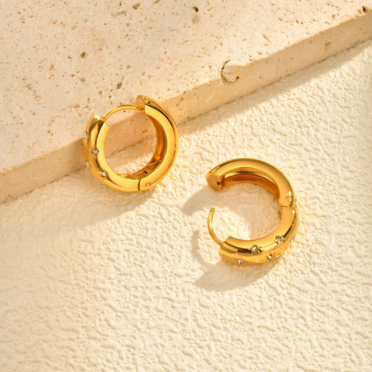 Crystal Starburst Chunky Hoop Earrings — Gold Pair