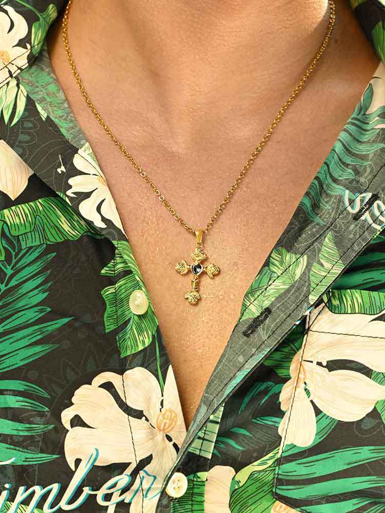 Planderful Medieval Rose Cross Zircon Pendant Necklace Men
