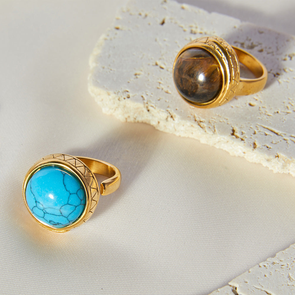 Tiger's Eye Titanium Steel Open Ring with Retro Lace Design