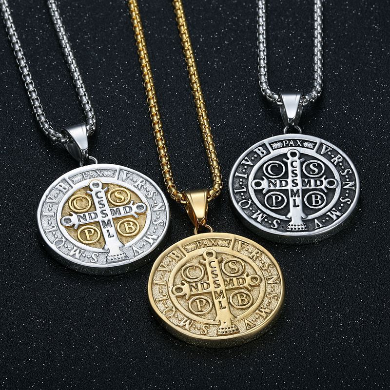 Saint Benedict Exorcism Pendant Necklace By Planderful Titanium Steel Gold Plated For Hip Hop Fans