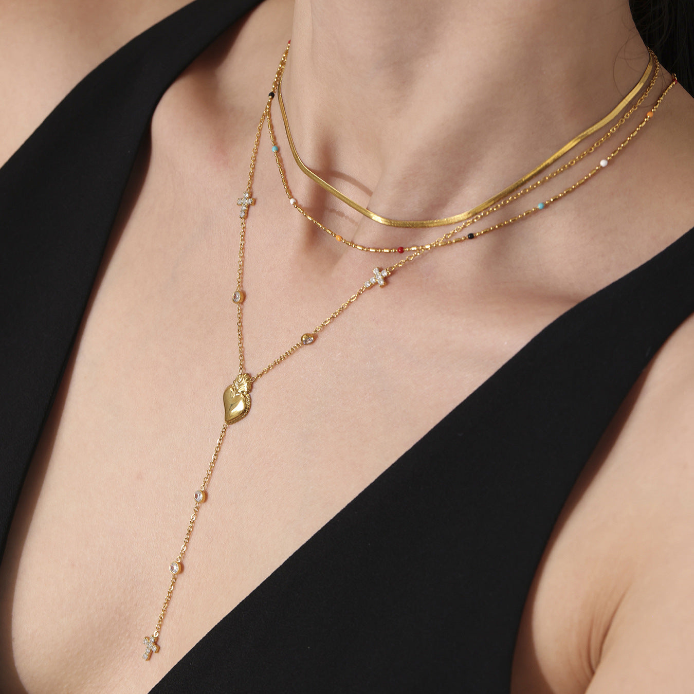 Planderful Zircon Cross Necklace Multi Layer Fringed Women