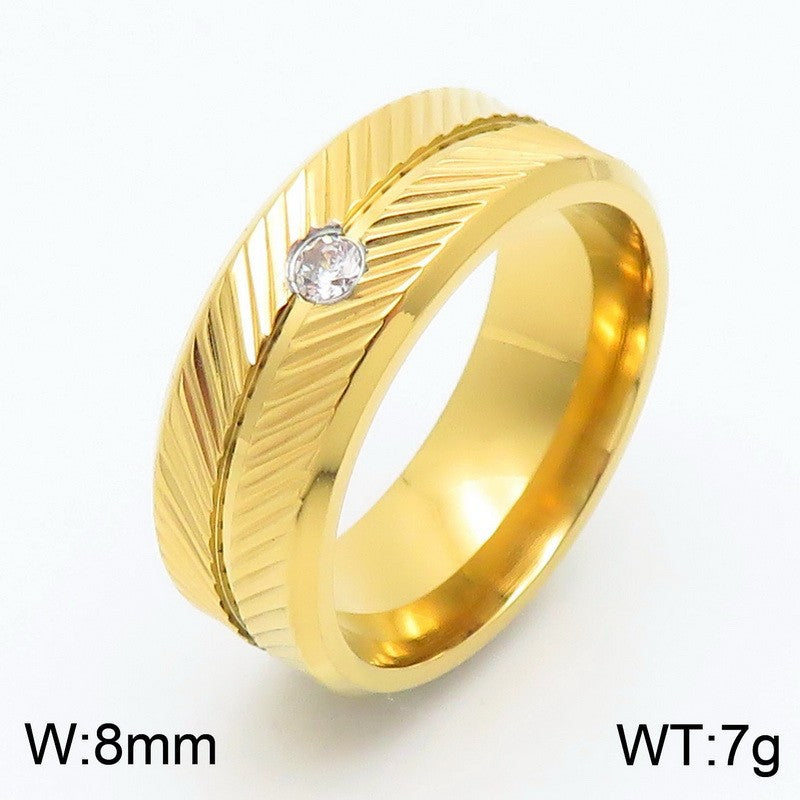 Ring Vacuum Plated Zircon Feather Round Stainless Steel Men's Ring