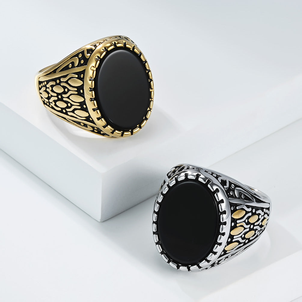Planderful Everyday Genie Titanium Steel Ring Inlaid Black Stone For Men And Unisex Bold Statement Jewelry