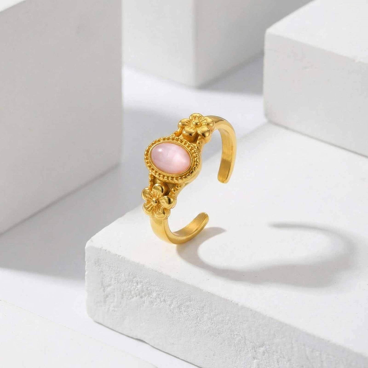 Stainless Steel Oval Egg Powder Spar Flower Opening French Light Girlfriend Gift Ring