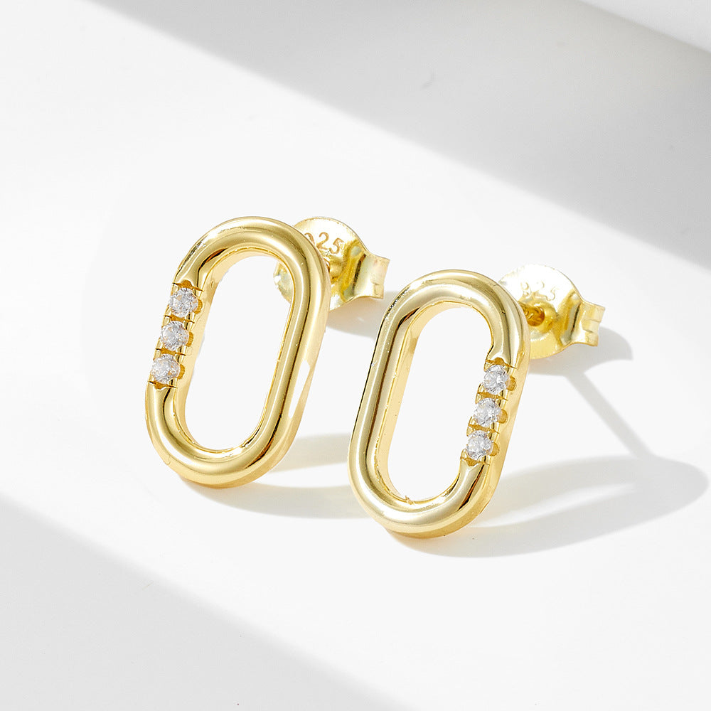 Planderful S925 Sterling Silver U-Shaped Stud Earrings For Women Zircon Geometric Oval Ins Style Elegant