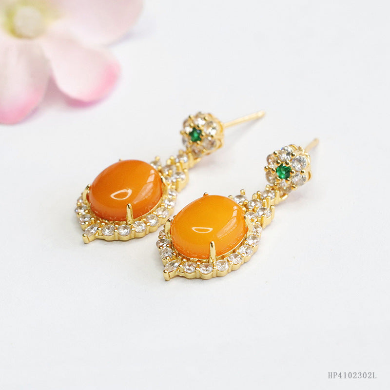 Yellow Beeswax Amber Zircon Halo Stud Earrings