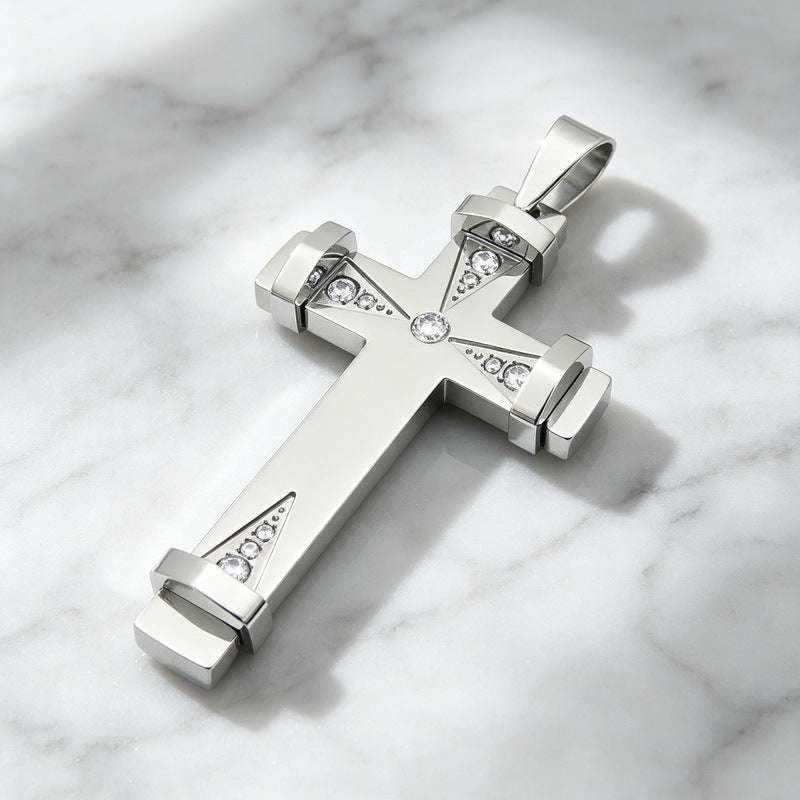Hip Hop Triangle Array Zircon Cross Pendant Stainless Steel Men's Cross Pendant Necklace