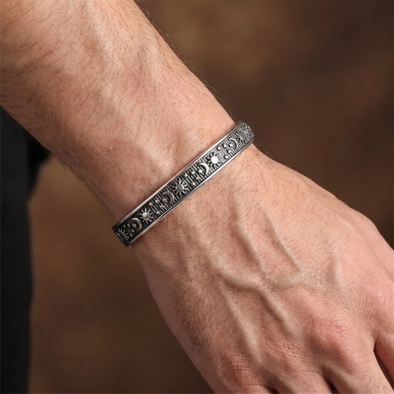 Gothic Little Skull Layered Casting Open Bracelet Sun – Moon & Stars Engraved
