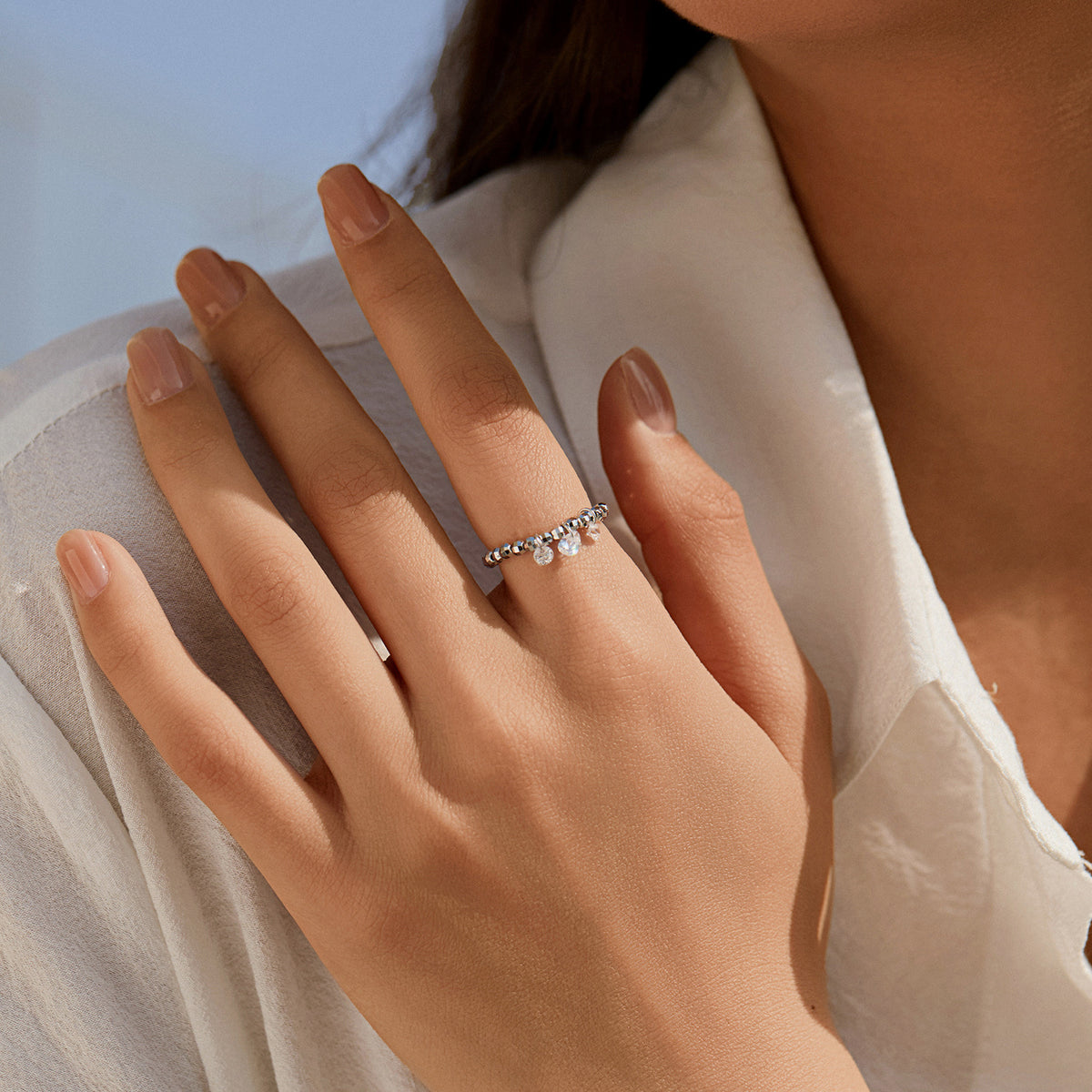 S925 Sterling Silver Adjustable Sparkle Moissanite Ring