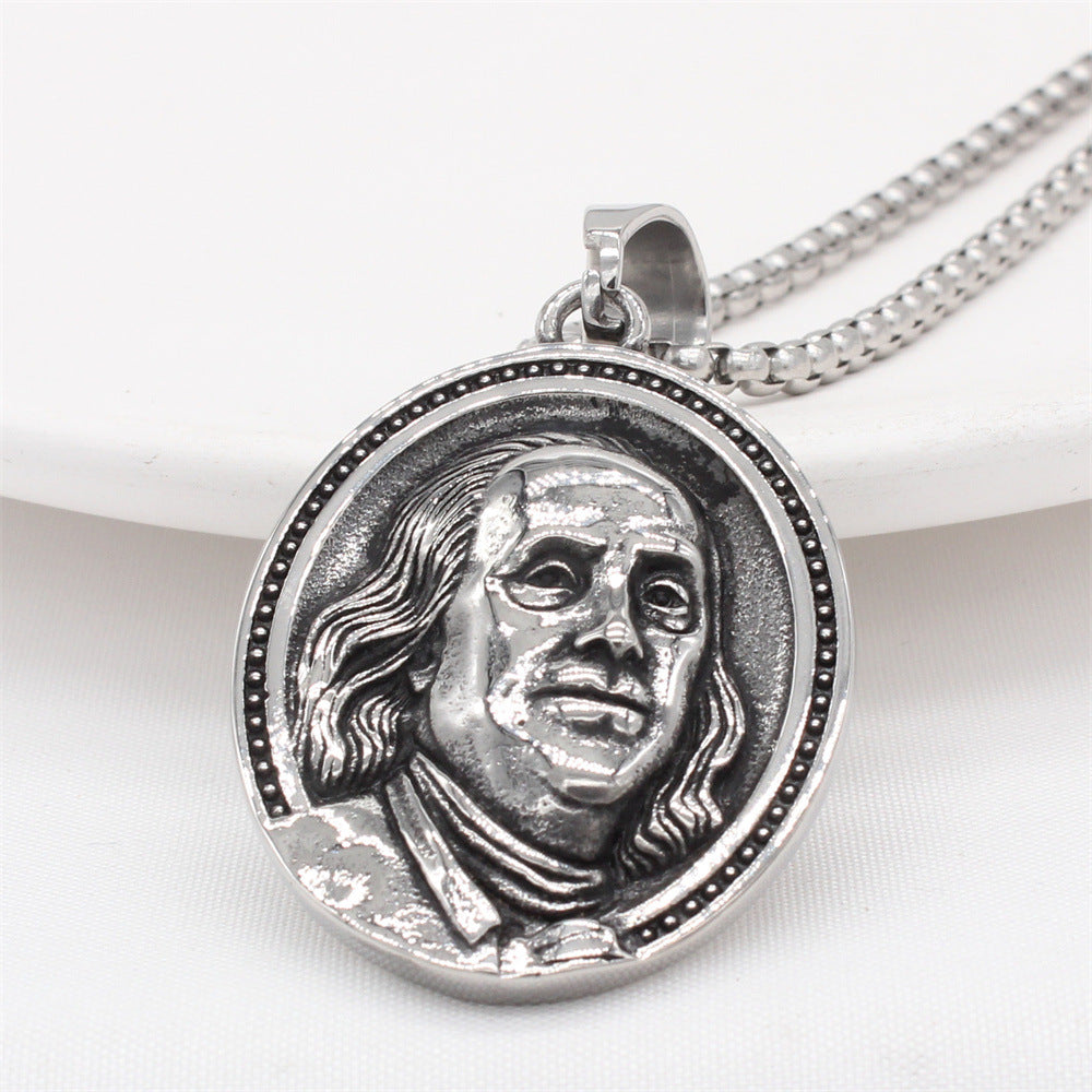 Planderful Everyday Genie – European and American Retro Franklin Men's Titanium Steel Pendant Necklace for Men