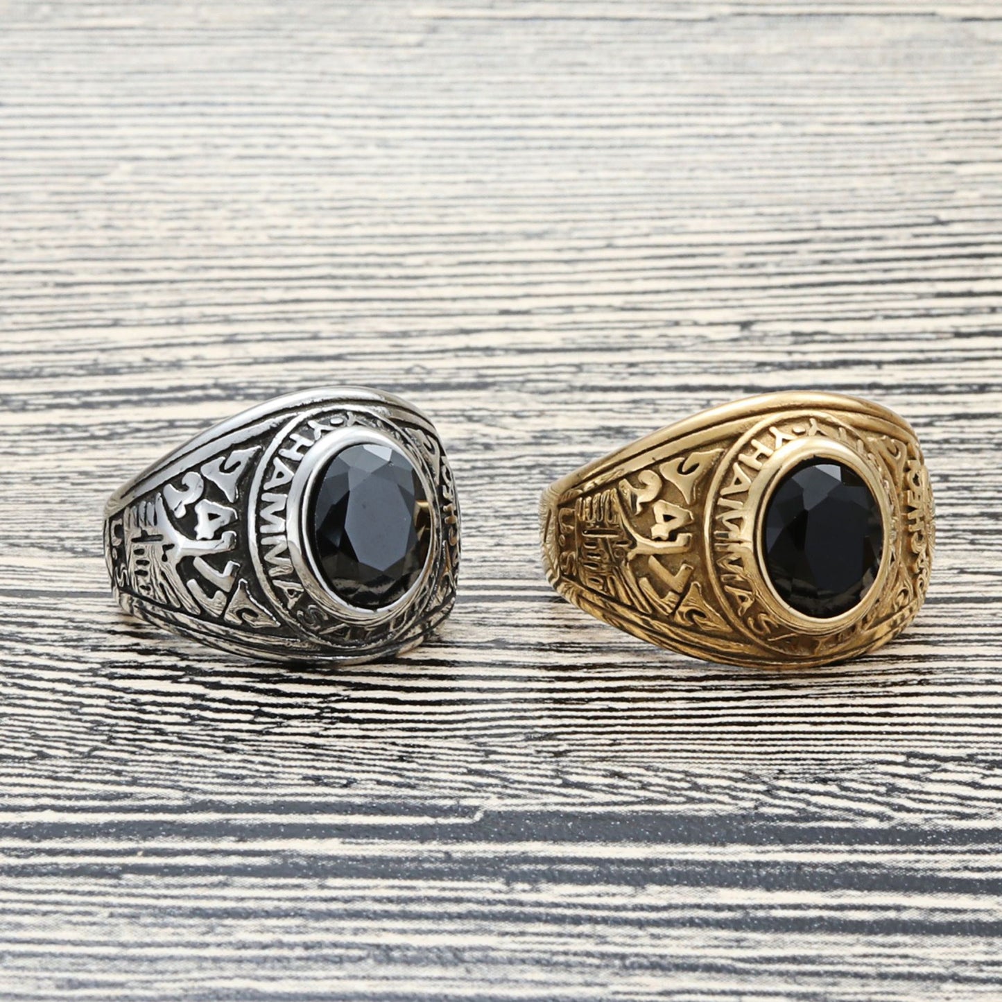 Titanium Steel Multi-Color Gemstone Ring for Men - Retro Punk Style with Letter Design