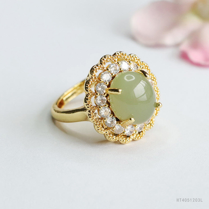 Qingshui Hetian Jade Floral Openwork Ring