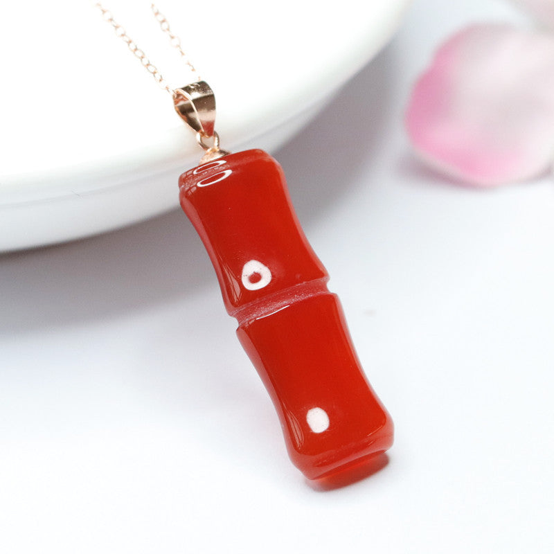 Exquisite Red Agate Bamboo Pendant Sterling Silver Necklace