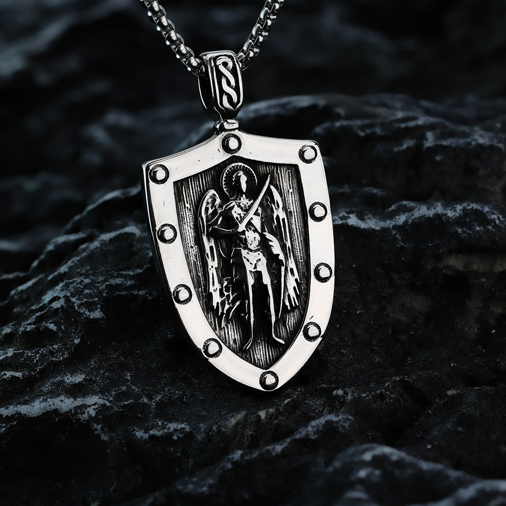 European And American Jewelry Titanium Steel Pendant Wholesale Men's Stainless Steel Necklace Retro Angel Shield Pattern