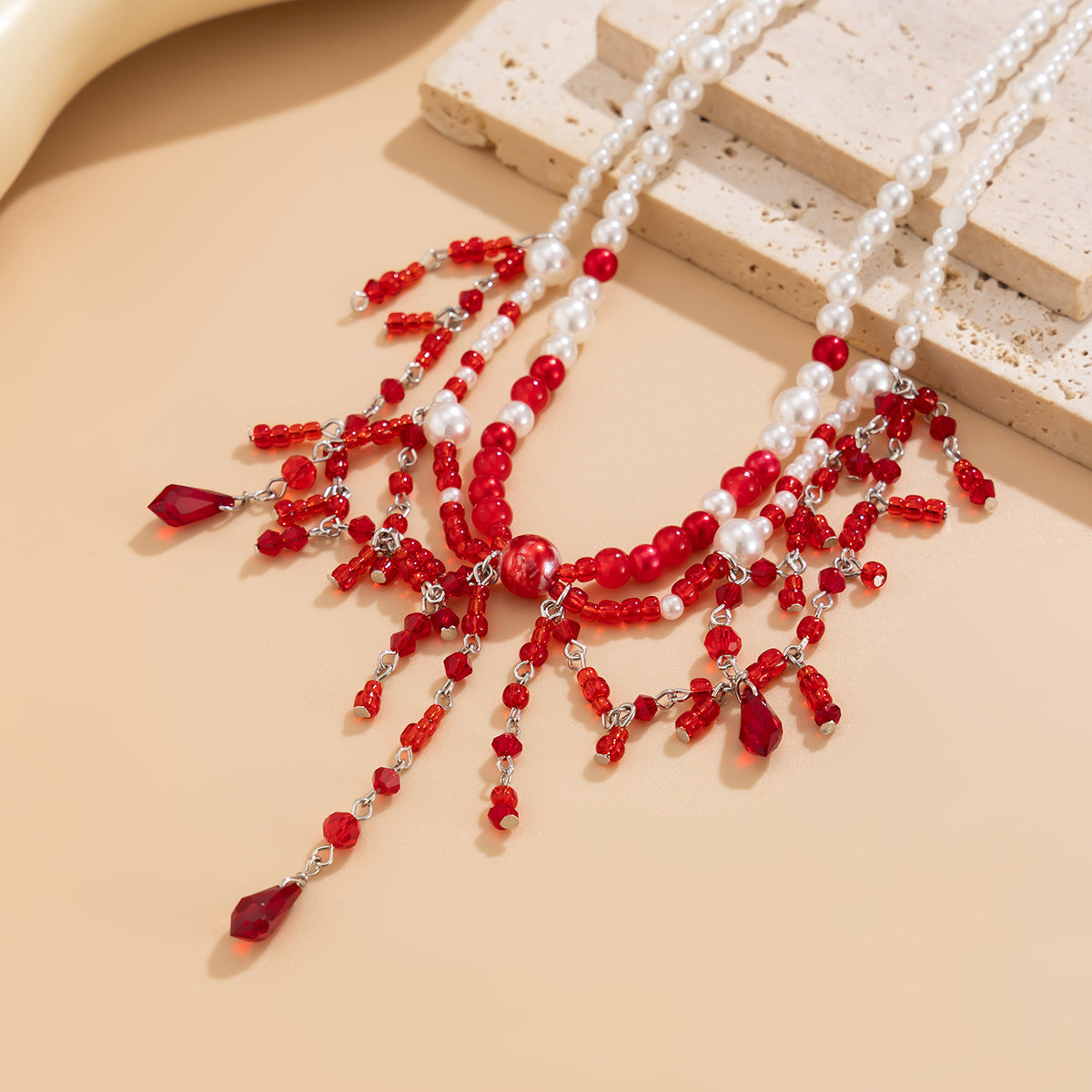 Gothic bat blood-stained fringed clavicle multi-layer necklace, European and American cross-border niche beaded blood handmade necklace women