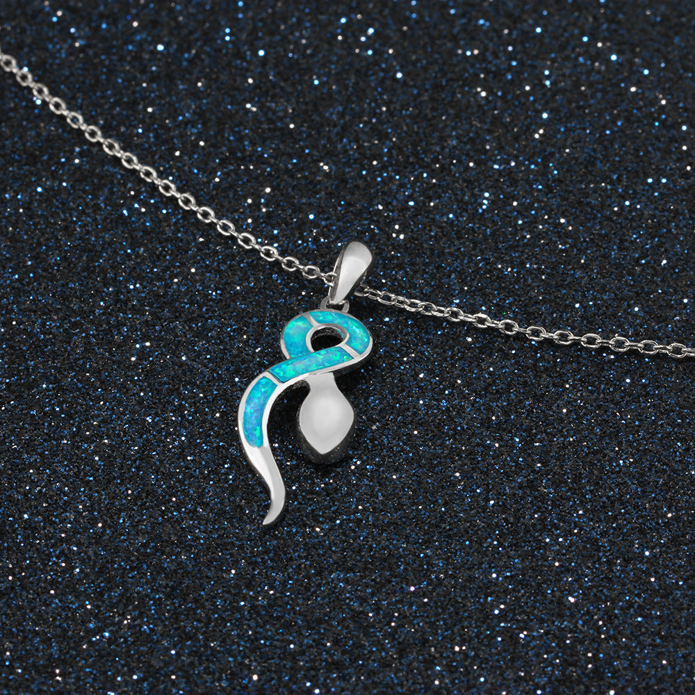 Planderful Jewelry Opal Sterling Silver Snake Pendant Necklace Animal Inspired Design
