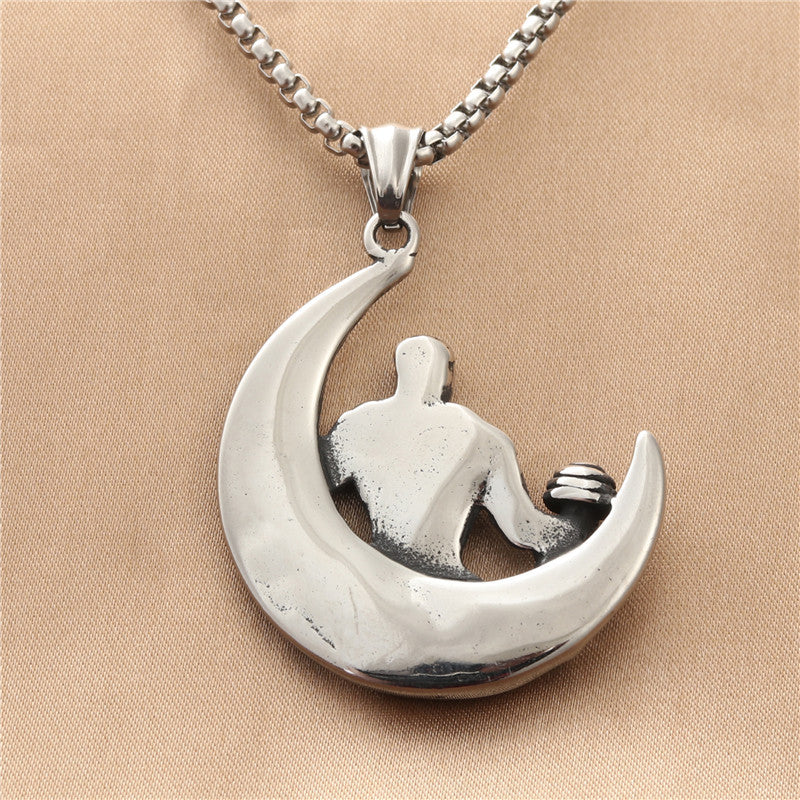 Titanium Steel Weightlifting Dumbbell Necklace - Retro Punk Stainless Steel Pendant for Men's Fitness Fashion