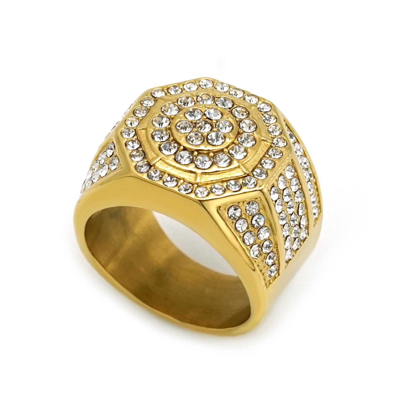 Planderful Stainless Steel Octagon Ring With Zircon Stones Hip Hop Luxury Bold Unisex Statement For Men And Women