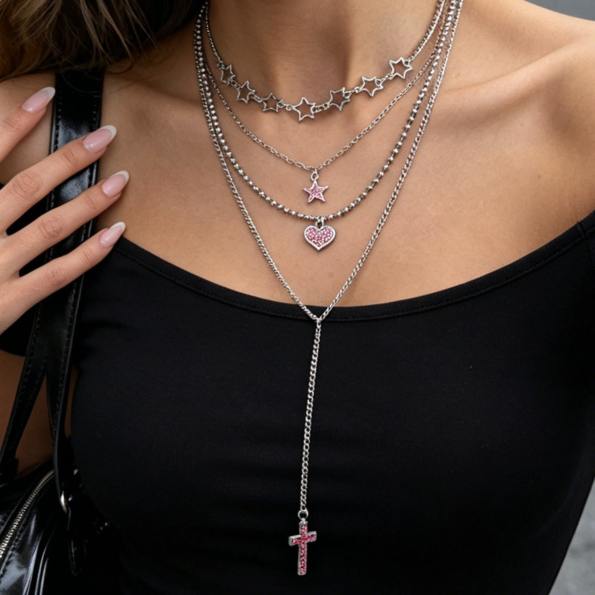 Y2k Spice Girls Pentagram Heart-Shaped Stacked Necklace Retro Cross Pink Zircon Pendant