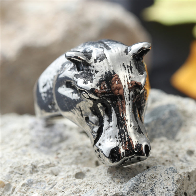 Titanium Steel Hippo Ring - Retro Punk Jewelry for Men