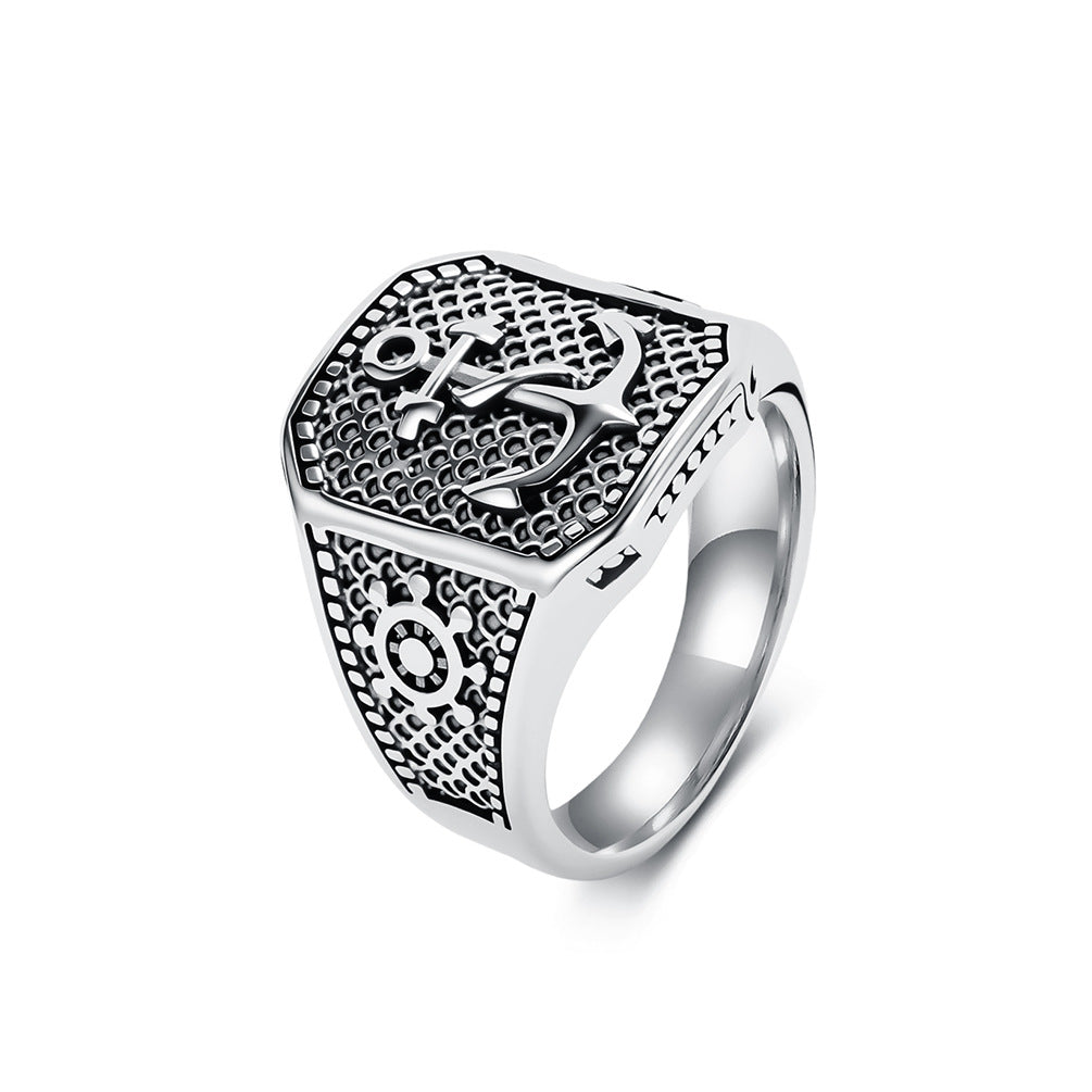 Nautical Anchor Ship Wheel Textured Vintage Stainless Steel Ring for Men