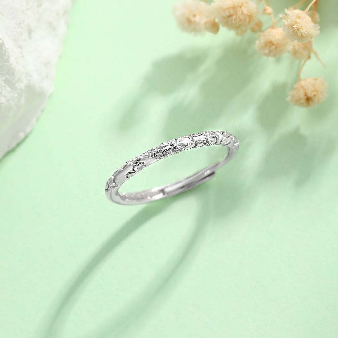 Planderful S925 Sterling Silver Cherry Blossom Ring For Women Adjustable Carved Band