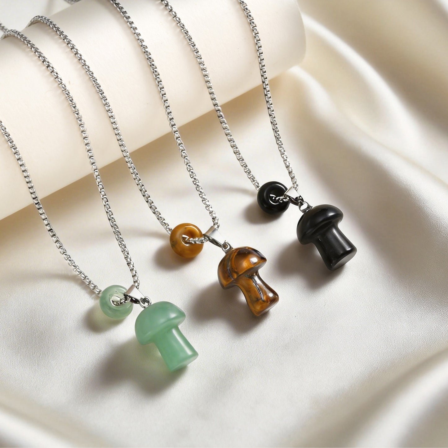 Stainless Steel Natural Tiger's Eye Stone Obsidian Mushroom Necklace Daily