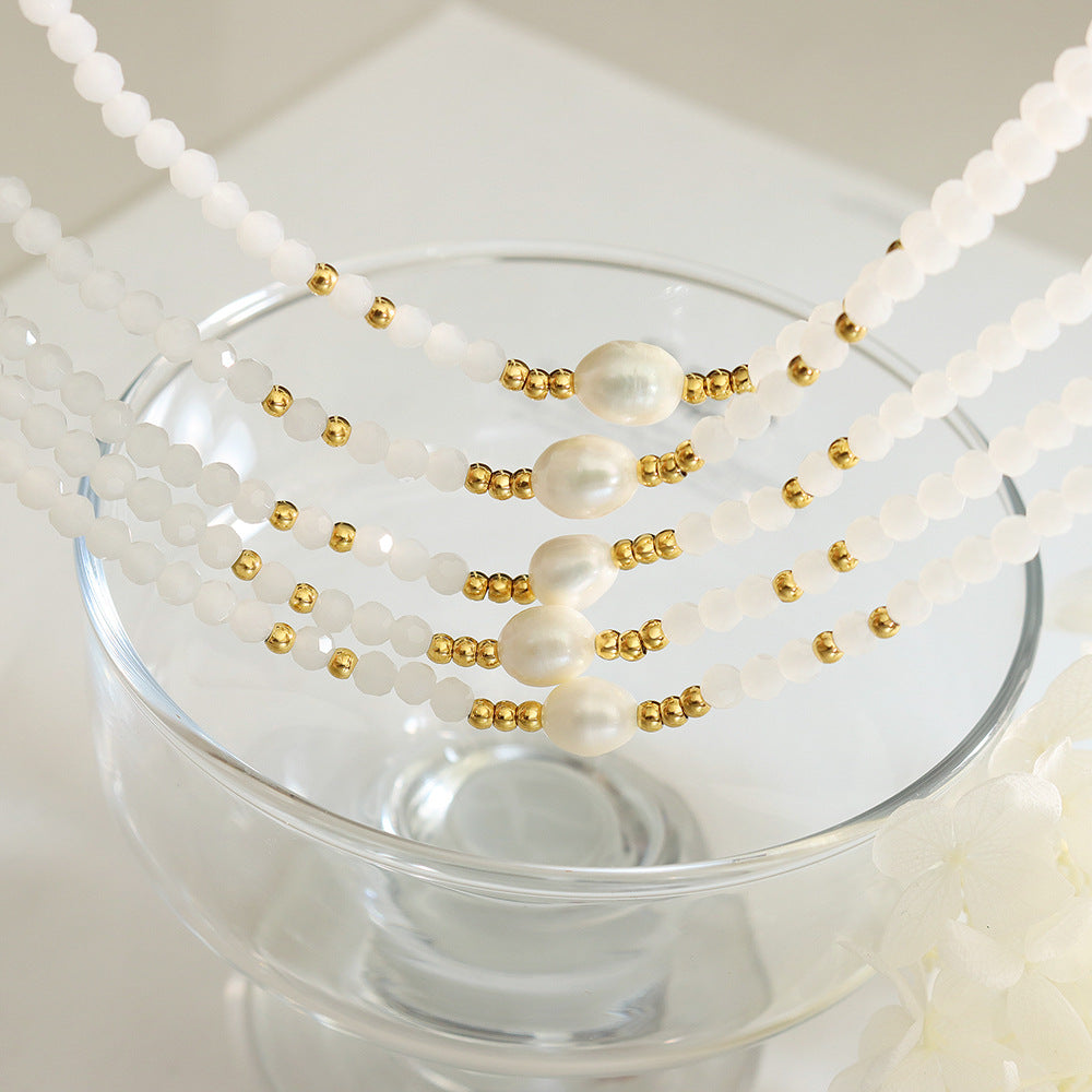 French Titanium Steel Necklace with Freshwater Pearl and Glass Stone Beads