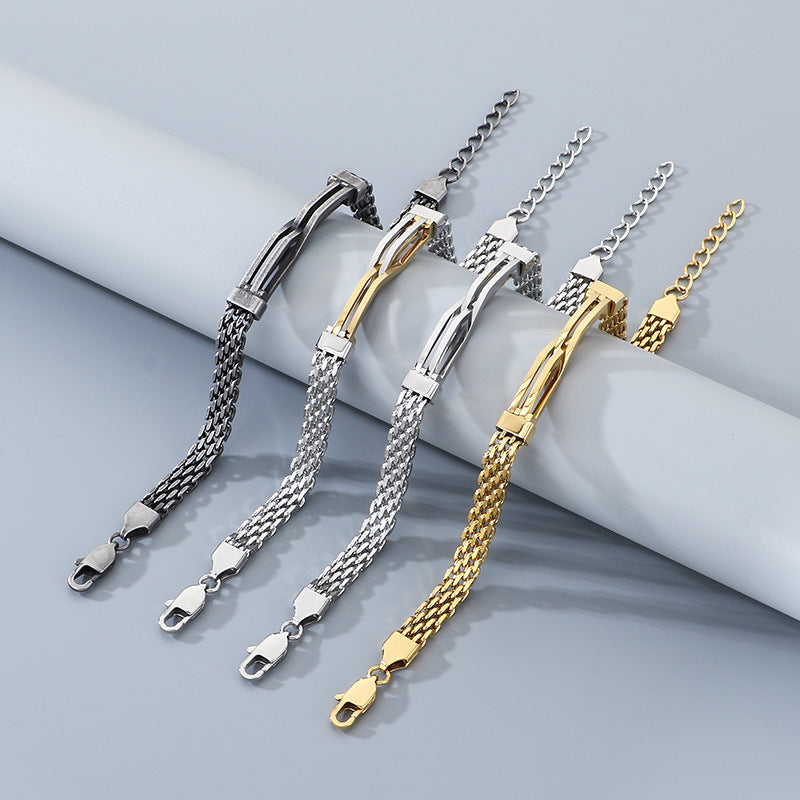 Men's Daily Wear Wind Niche Mesh Chain Titanium Steel Hollow Irregular Curved Bar Men's Bracelet