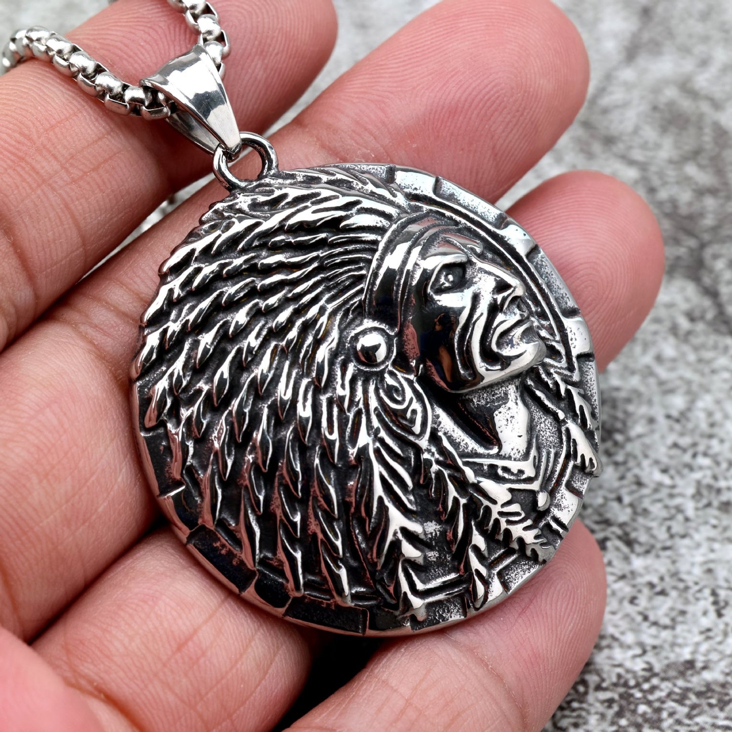 Planderful Retro Stainless Steel Mens Pendant Single Sided Indian Chief Design For Men Gift Idea