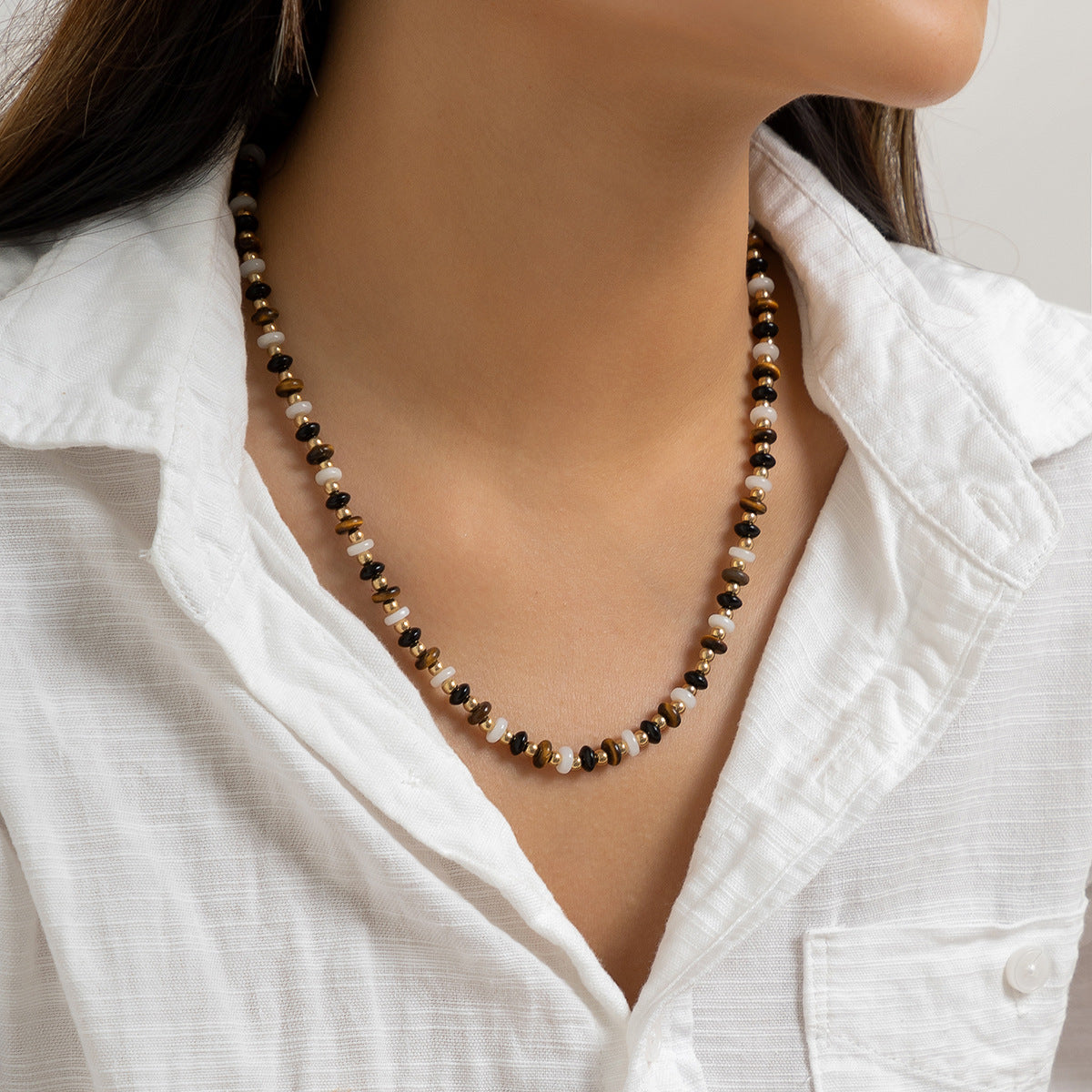 Planderful Vienna Verve Beaded Tiger Stone Necklace For Women Geometric Glass Beads Retro Handmade Statement Jewelry