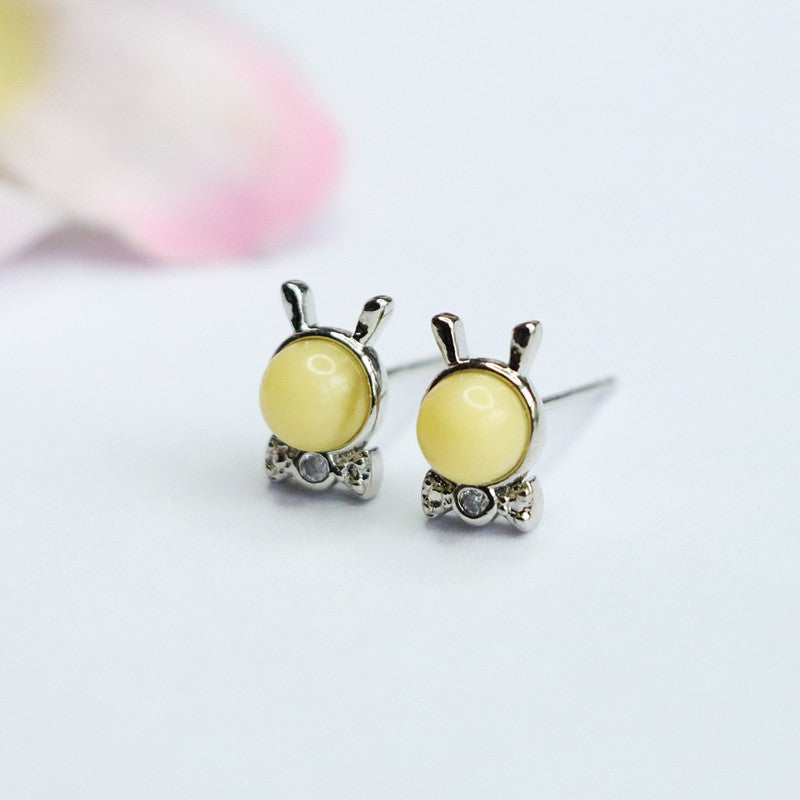 Beeswax Amber Bunny Bow 925 Silver Stud Earrings