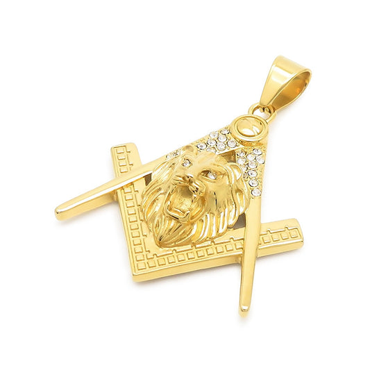Stylish Stainless Steel Masonic Lion Head Pendant with Zircon Accents for Men