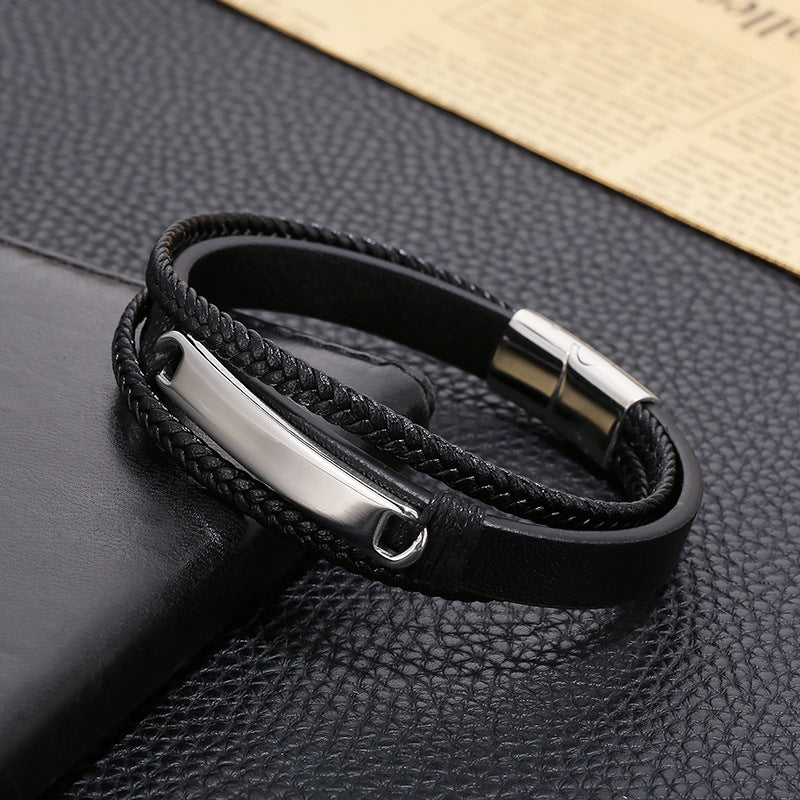 Planderful Mens Titanium Multi Layer Leather Bracelet