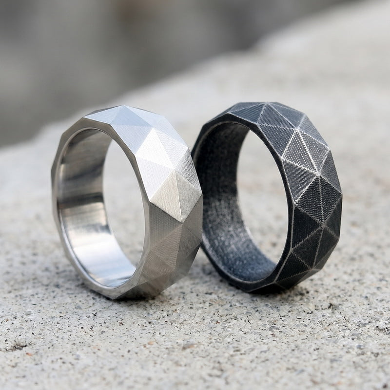 Niche Creative Geometric Ring, Punk Style Retro 8mm Rhombus Cut Stainless Steel Men's