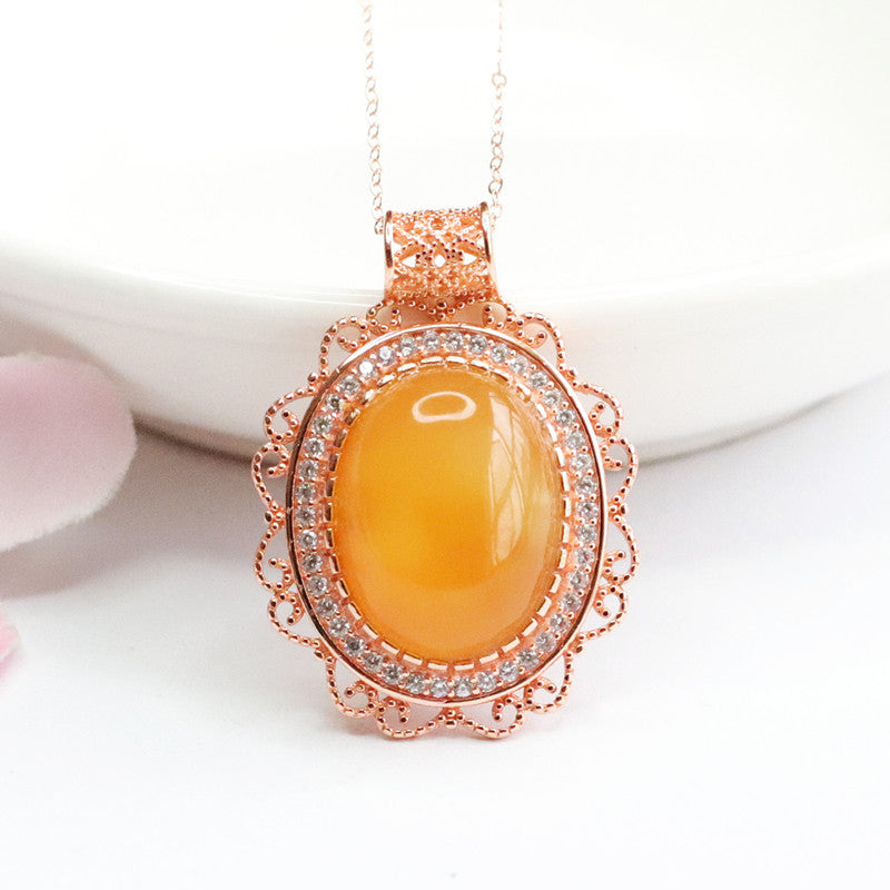 Honey Amber Pendant with Zircon Rose Gold Necklace