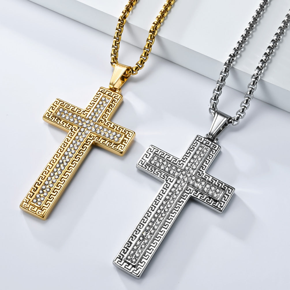 Planderful Titanium Cross Necklace for Hip Hop Streetwear Fans Zircon Accent Niche High End Pendant