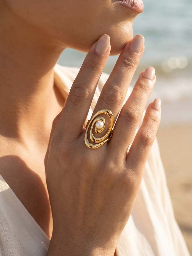 Women's Style – Stainless Steel Imitation Pearl Geometric Lines Open Stacked With Ring