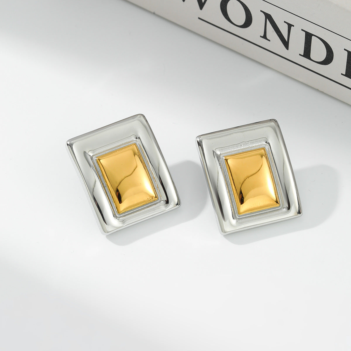 Planderful Vienna Verve Two Tone Stainless Steel Earrings Minimalist Square Statement Unisex Everyday Wear