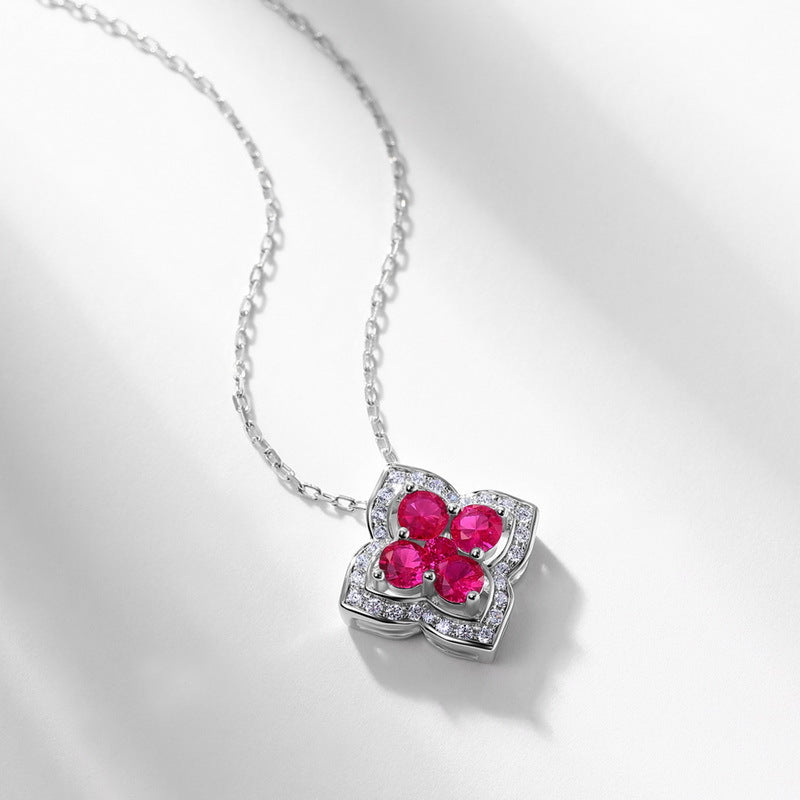 S925 Sterling Silver Lab-Grown Gemstone Four-Leaf Clover Pendant Necklace
