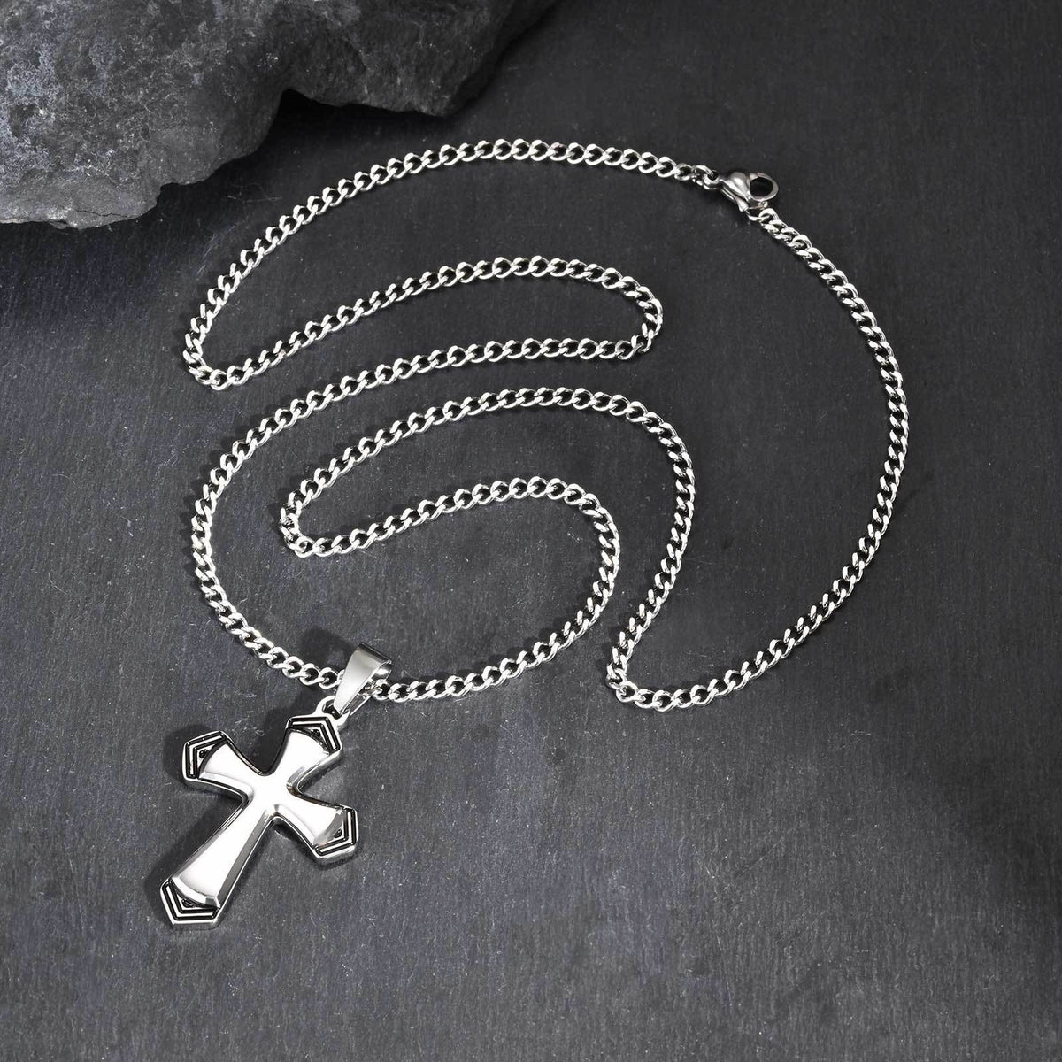 Stainless Steel Baked Black Lacquer Cut Cross Pendant Necklace